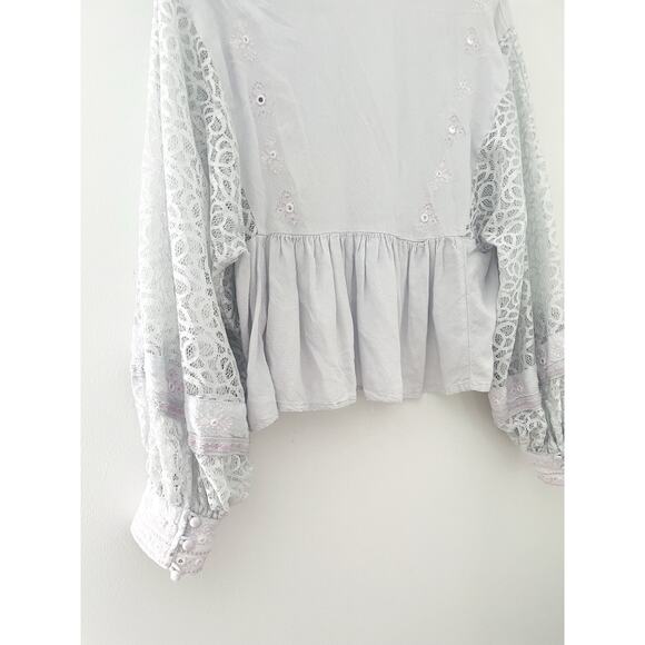 Free People Boogie All Night Eyelet Top Medium Silver Gray Balloon Sleeve Boho - Picture 10 of 11